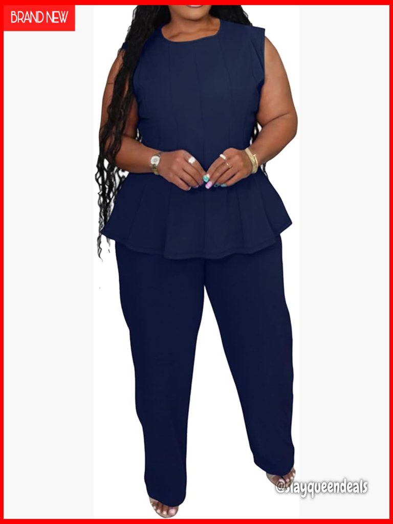 Plus Size 2 Piece Outfits Sleeveless Peplum Tank Top Wide Leg Pant Suit Summer